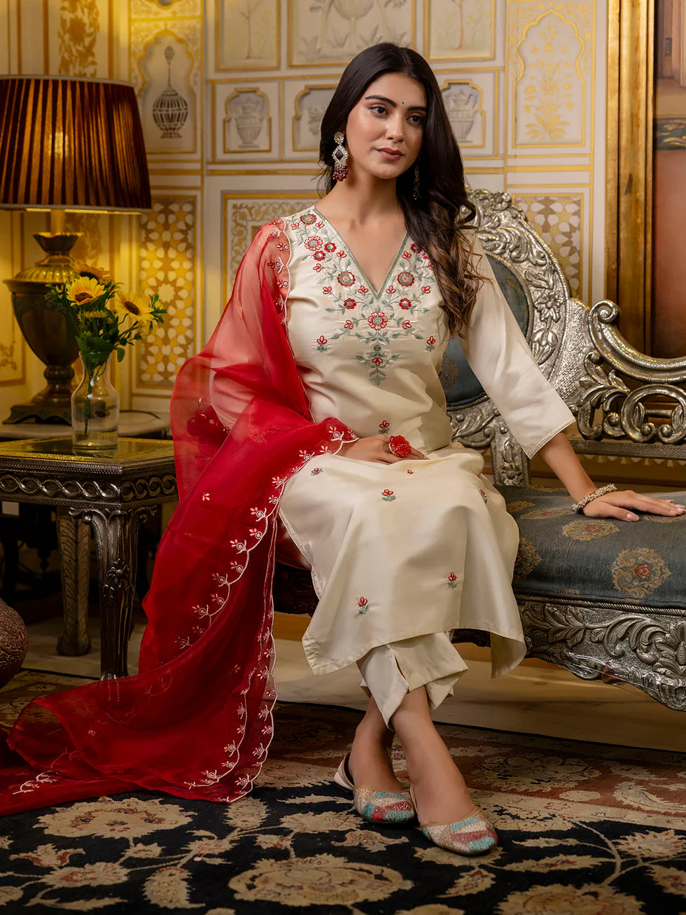 Floral Embroidered Silk V Neck Kurta Trouser & Dupatta Set