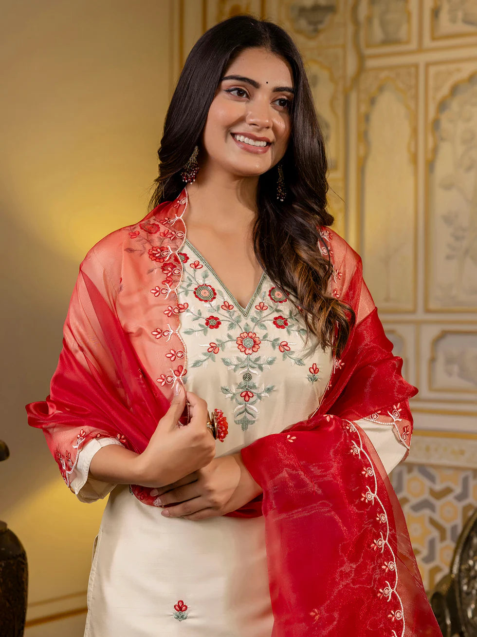 Floral Embroidered Silk V Neck Kurta Trouser & Dupatta Set