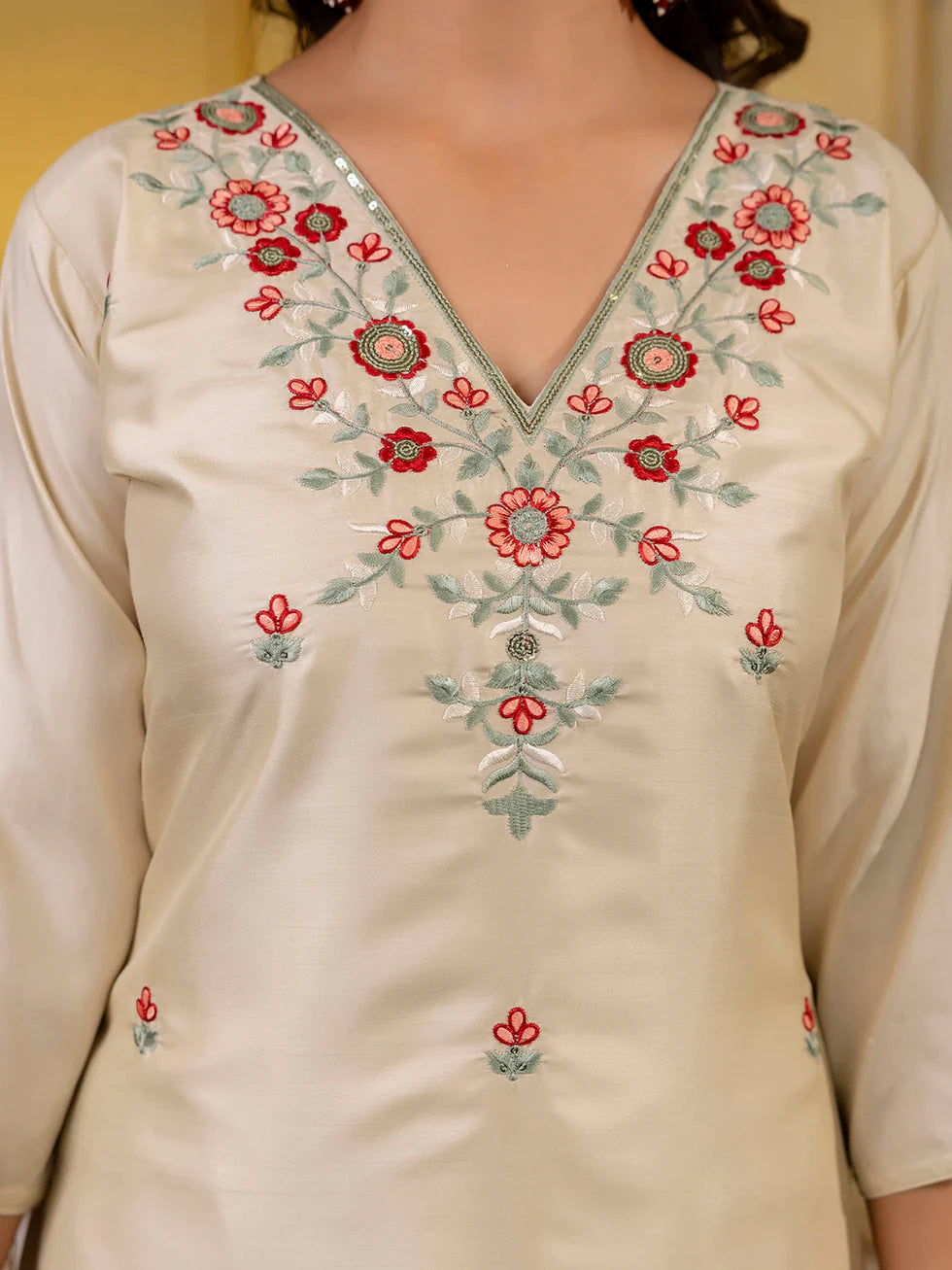 Floral Embroidered Silk V Neck Kurta Trouser & Dupatta Set