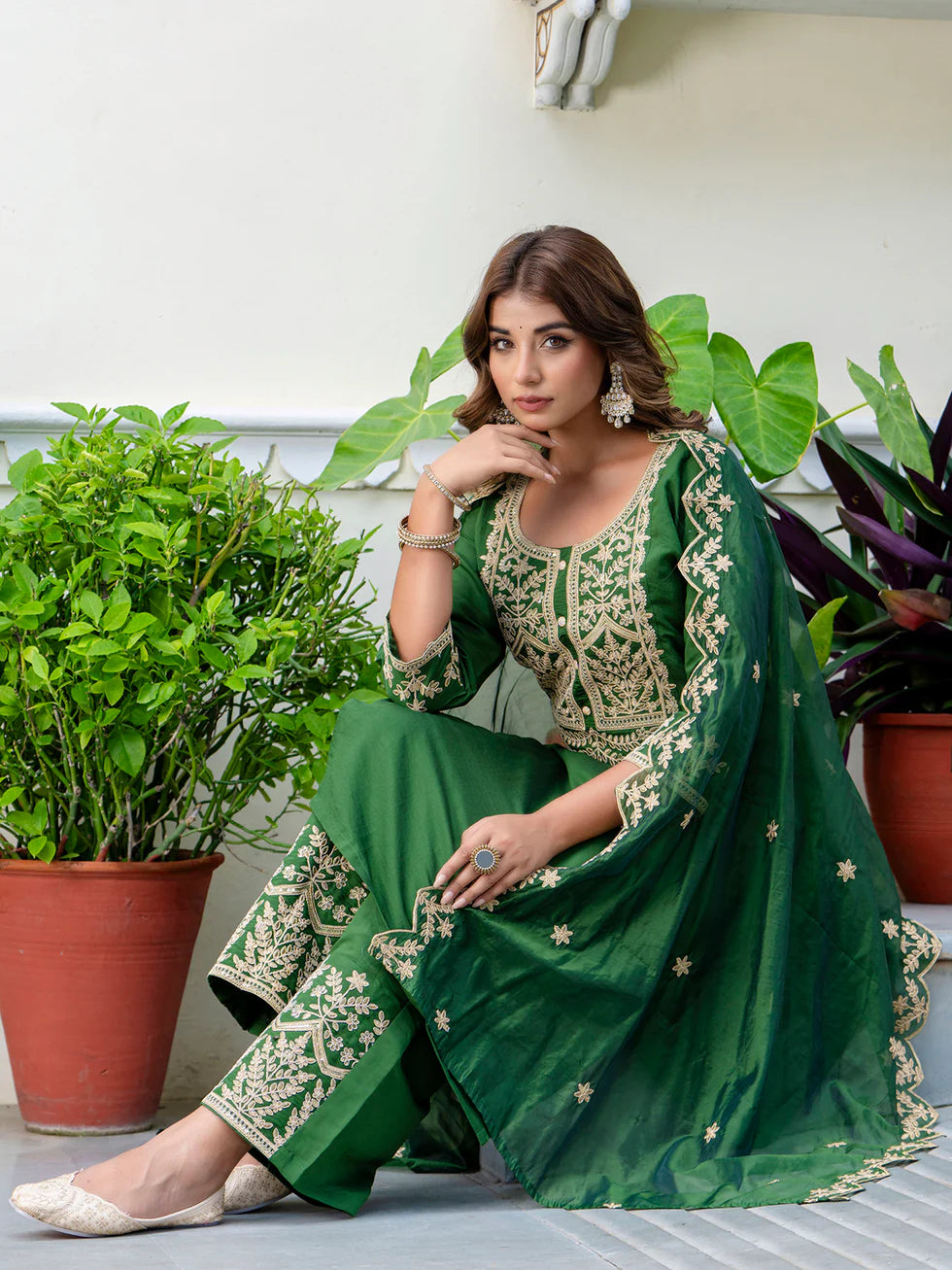 Floral Embroidered Silk Round Neck Kurta Trouser & Dupatta Set