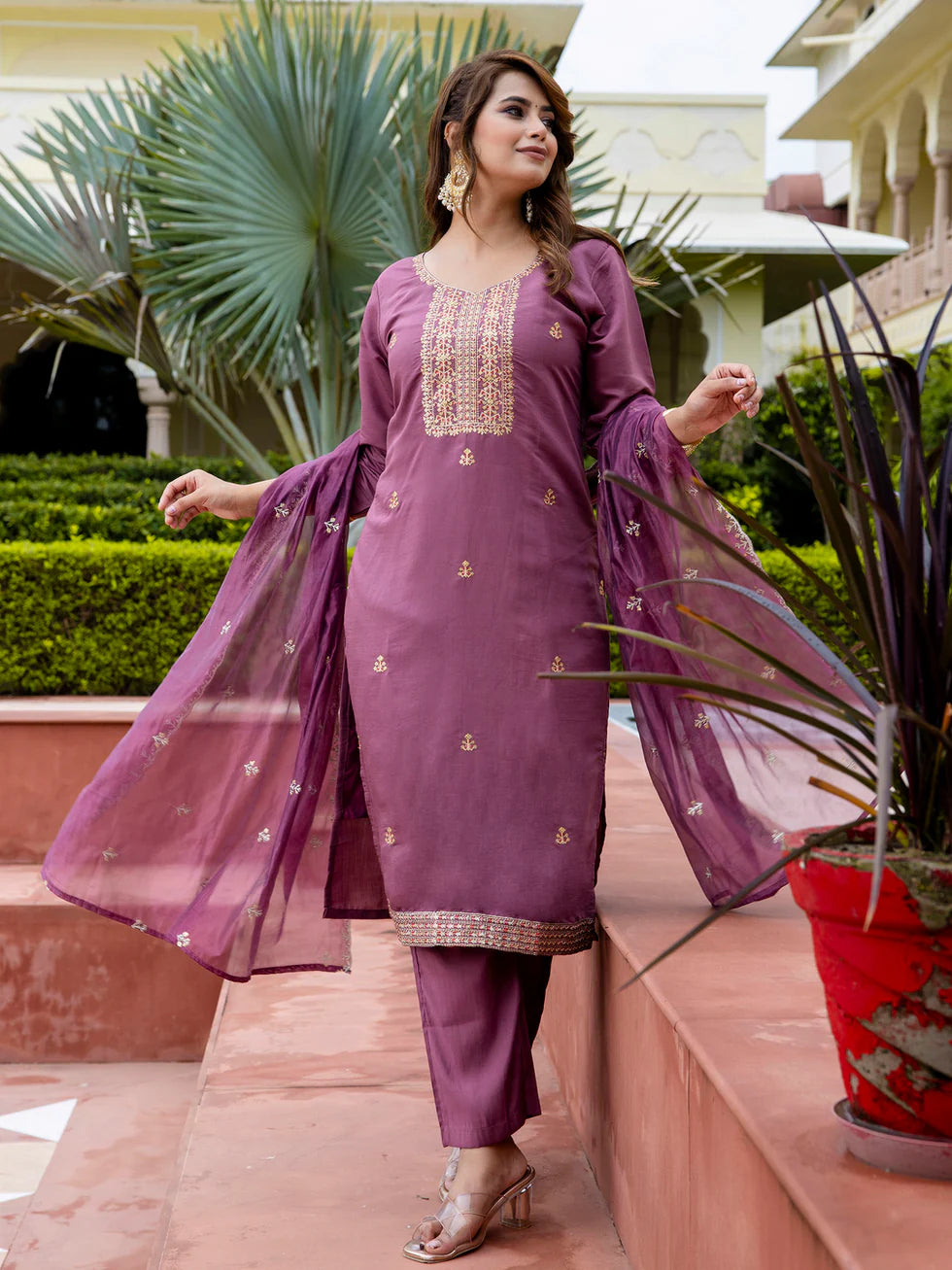Floral Embroidered Silk Round Neck Kurta Trouser & Dupatta Set