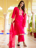 Floral Embroidered Silk Round_Neck Kurta Trouser & Dupatta Set