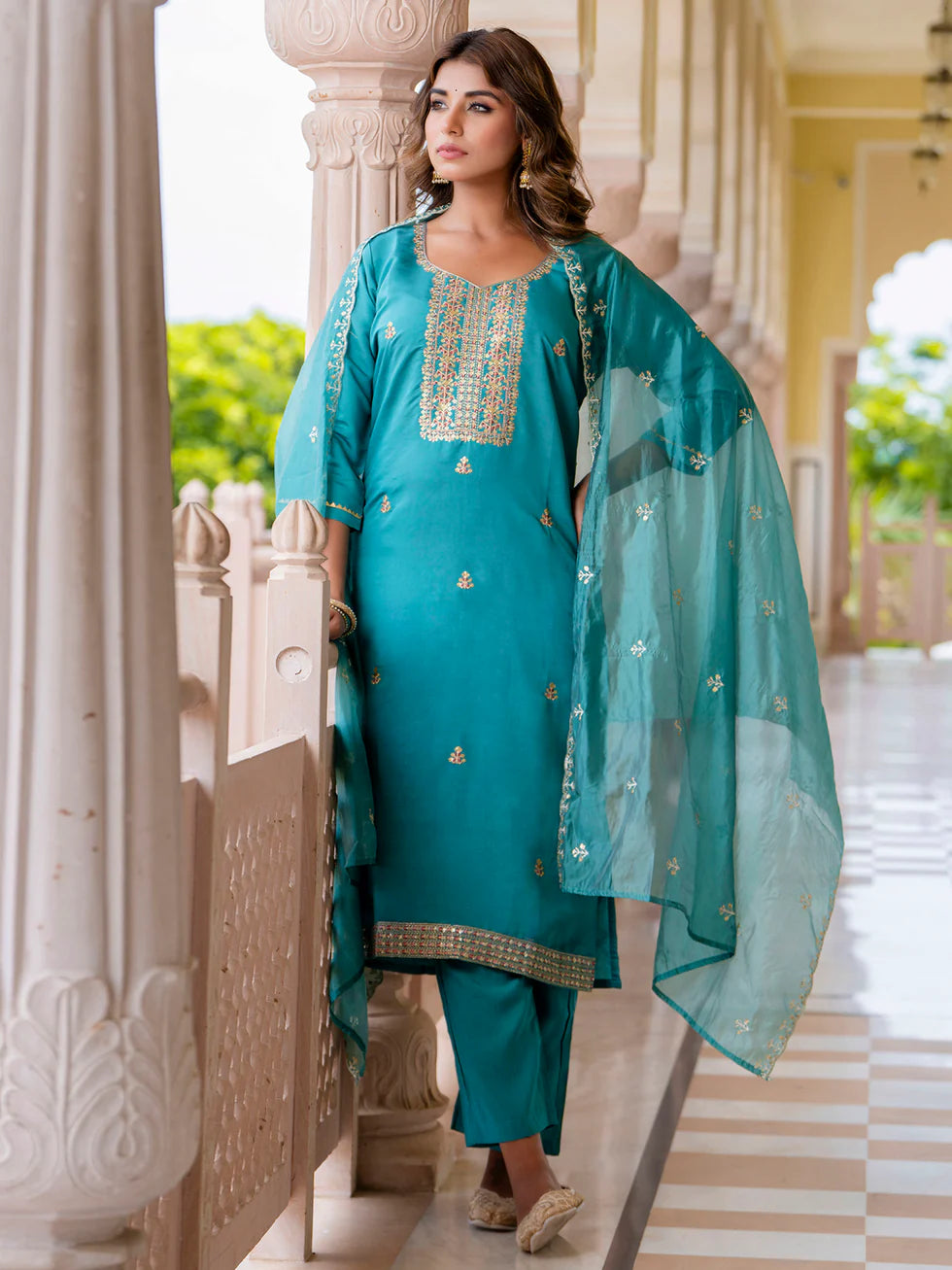 Floral Embroidered Silk Round Neck Kurta Trouser & Dupatta Set