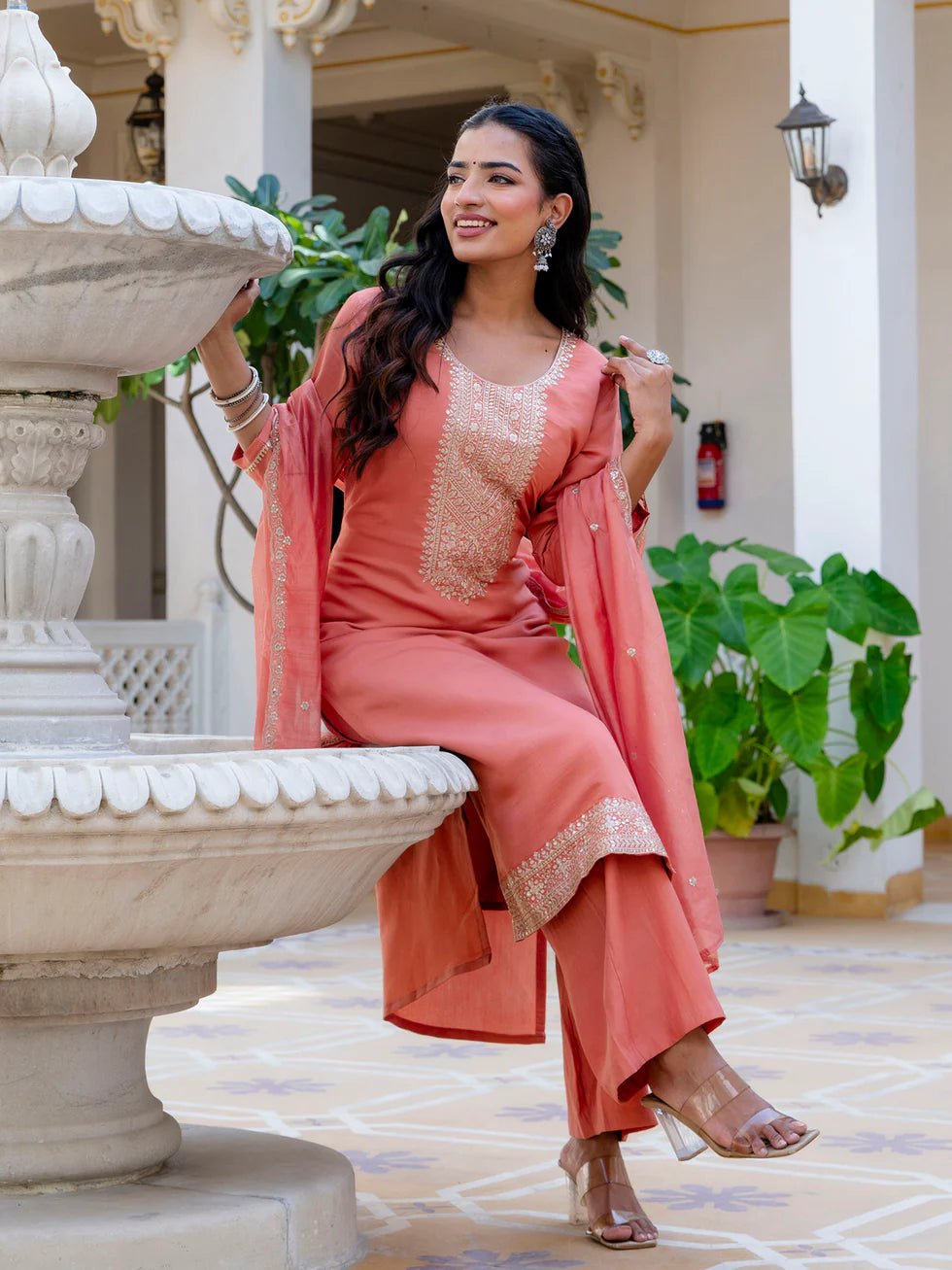 Floral Embroidered Silk Round Neck Kurta Trouser & Dupatta Set