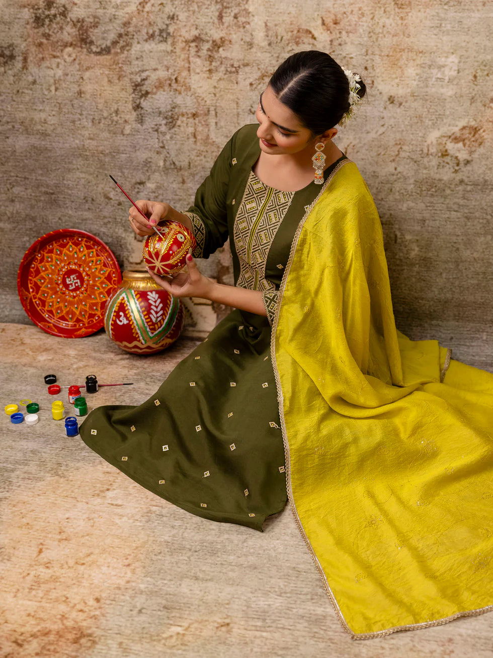 Floral Embroidered Silk Round Neck Kurta Trouser & Dupatta Set