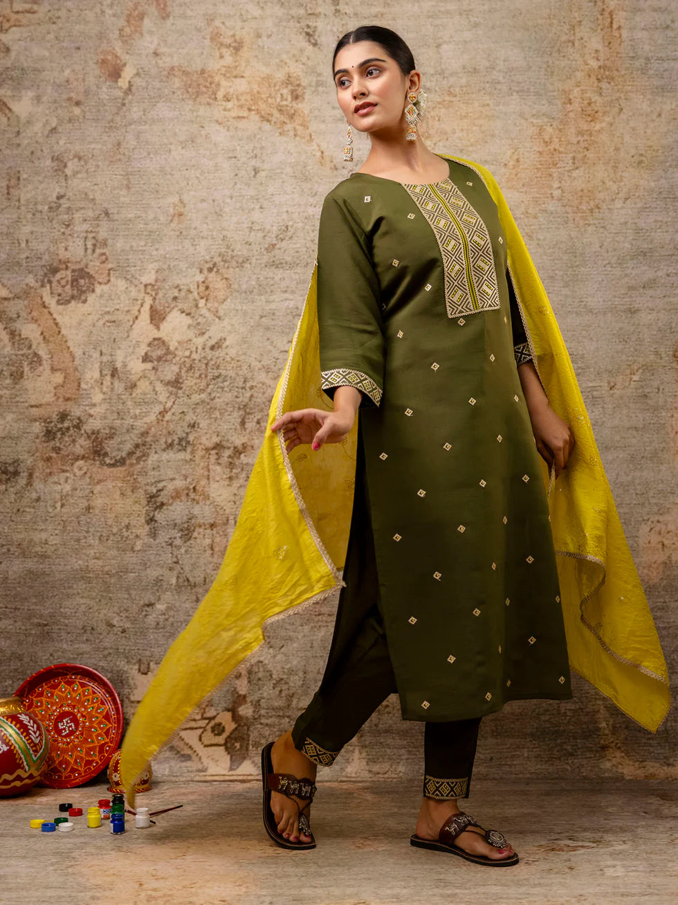 Floral Embroidered Silk Round Neck Kurta Trouser & Dupatta Set