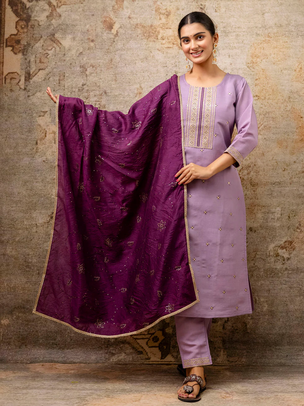 Floral Embroidered Silk Round Neck Kurta Trouser & Dupatta Set