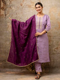 Floral Embroidered Silk Round Neck Kurta Trouser & Dupatta Set