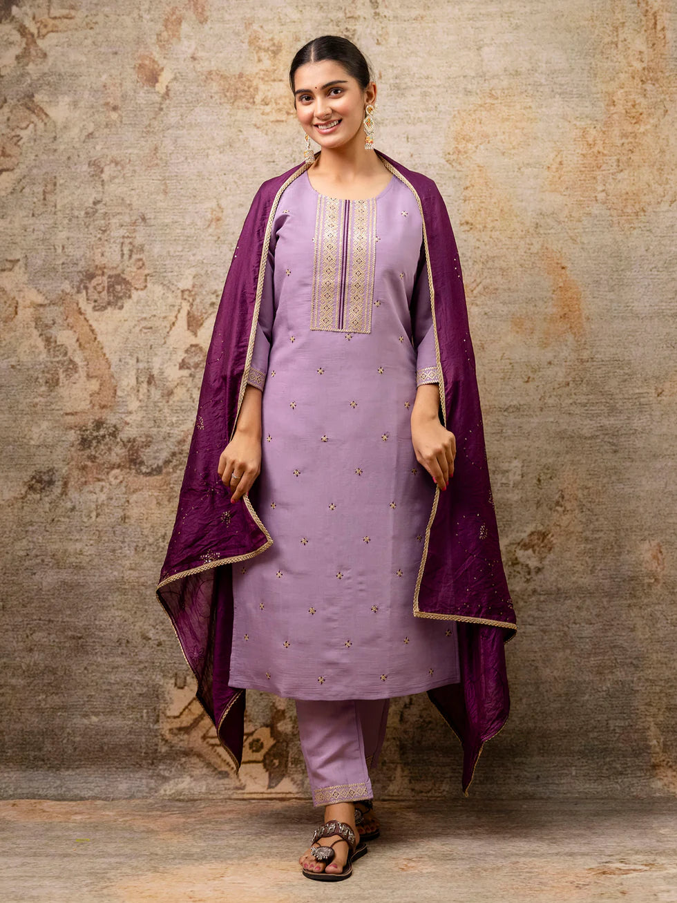 Floral Embroidered Silk Round Neck Kurta Trouser & Dupatta Set