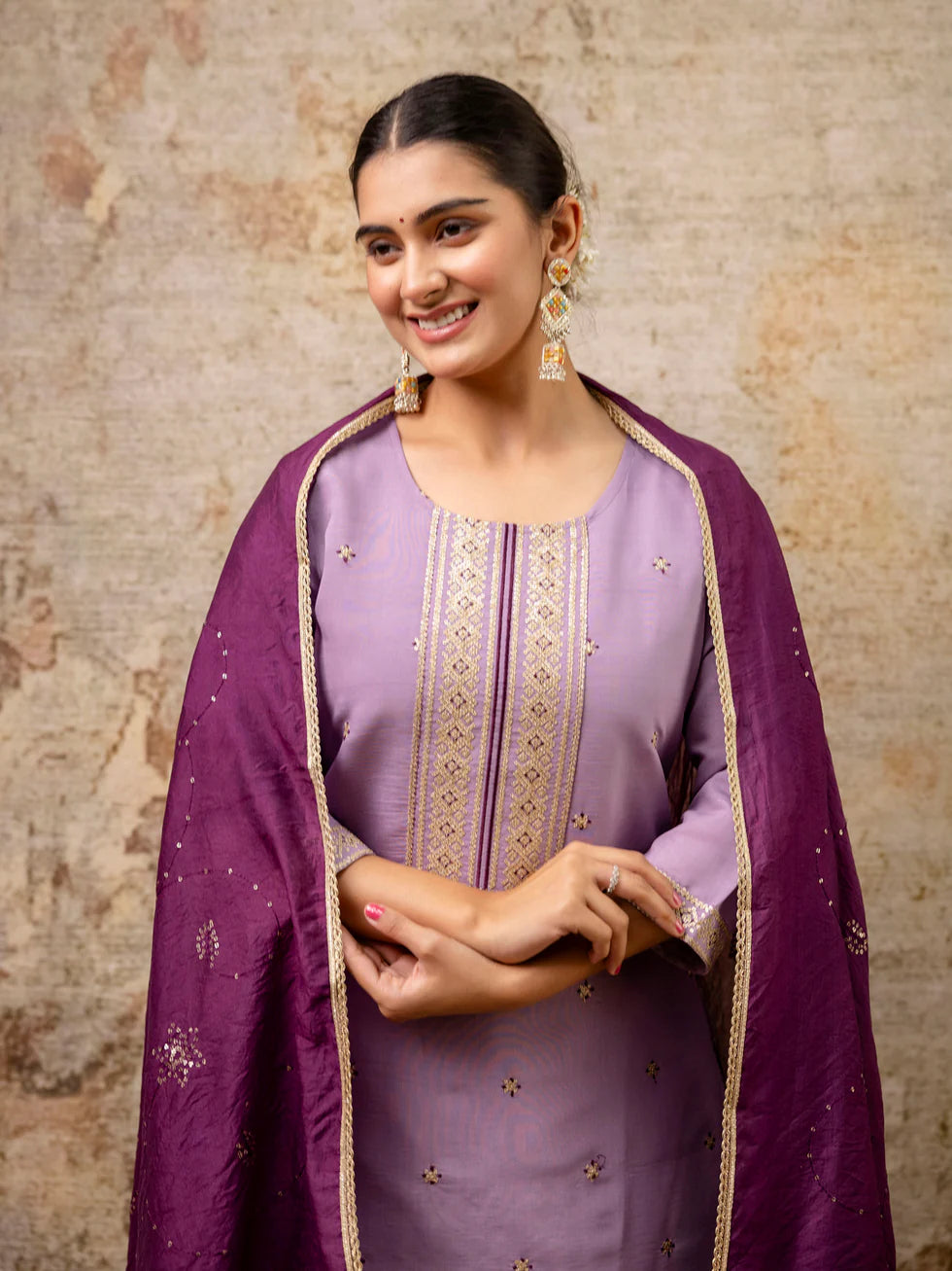 Floral Embroidered Silk Round Neck Kurta Trouser & Dupatta Set