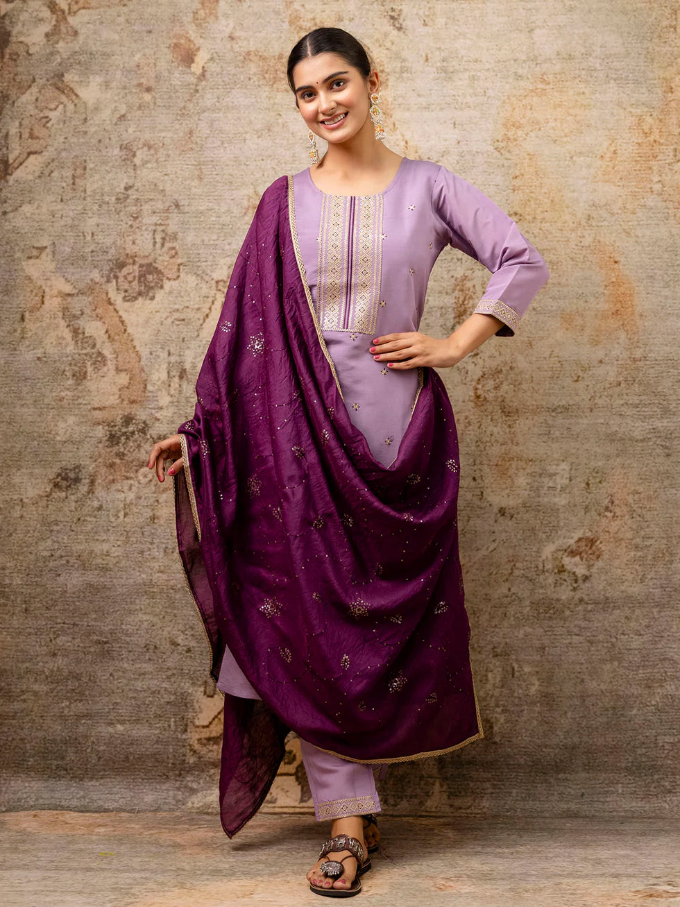 Floral Embroidered Silk Round Neck Kurta Trouser & Dupatta Set