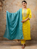 Floral Embroidered Silk Round Neck Kurta Trouser & Dupatta Set