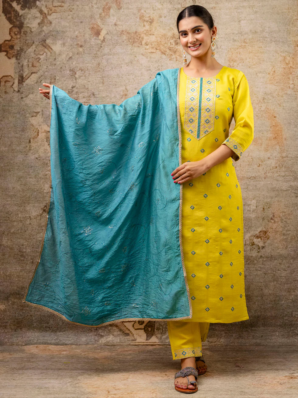 Floral Embroidered Silk Round Neck Kurta Trouser & Dupatta Set