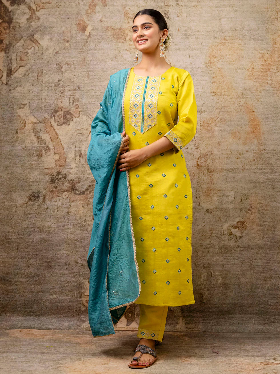 Floral Embroidered Silk Round Neck Kurta Trouser & Dupatta Set