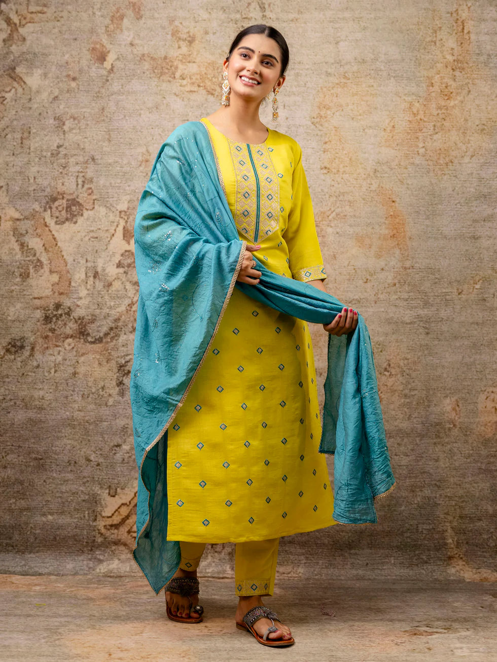 Floral Embroidered Silk Round Neck Kurta Trouser & Dupatta Set