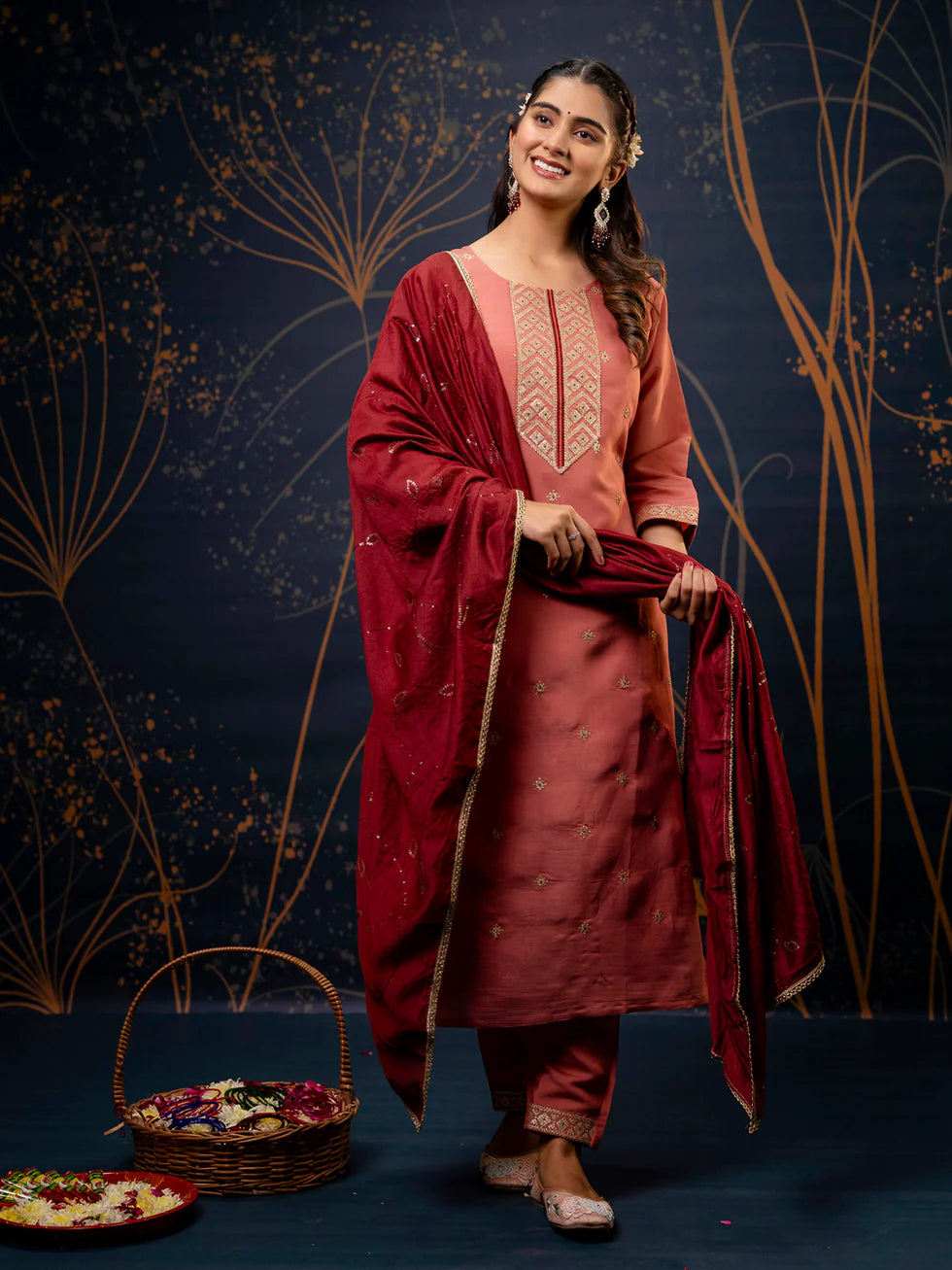 Floral Embroidered Silk Round Neck Kurta Trouser & Dupatta Set