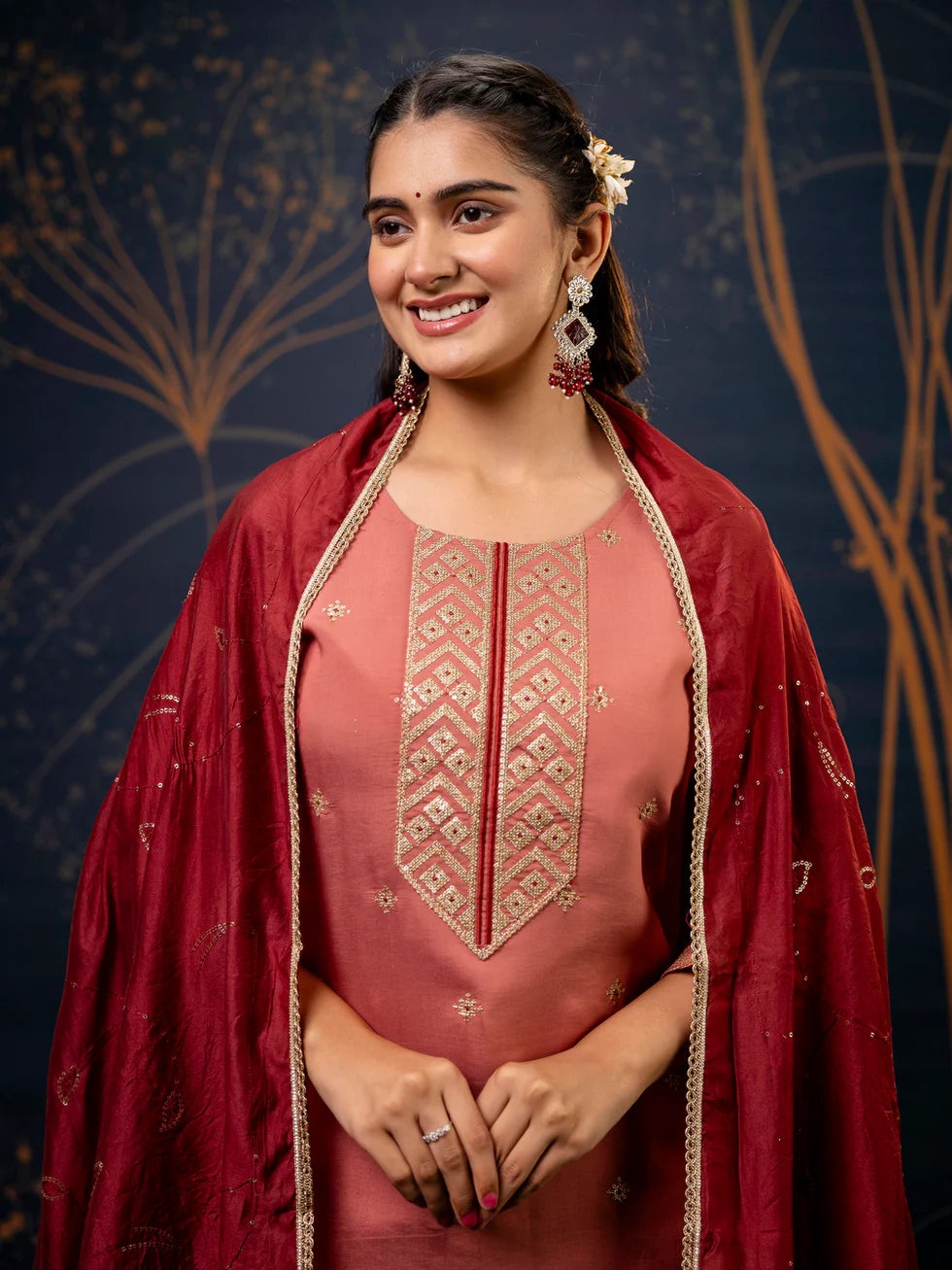 Floral Embroidered Silk Round Neck Kurta Trouser & Dupatta Set