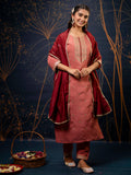 Floral Embroidered Silk Round Neck Kurta Trouser & Dupatta Set