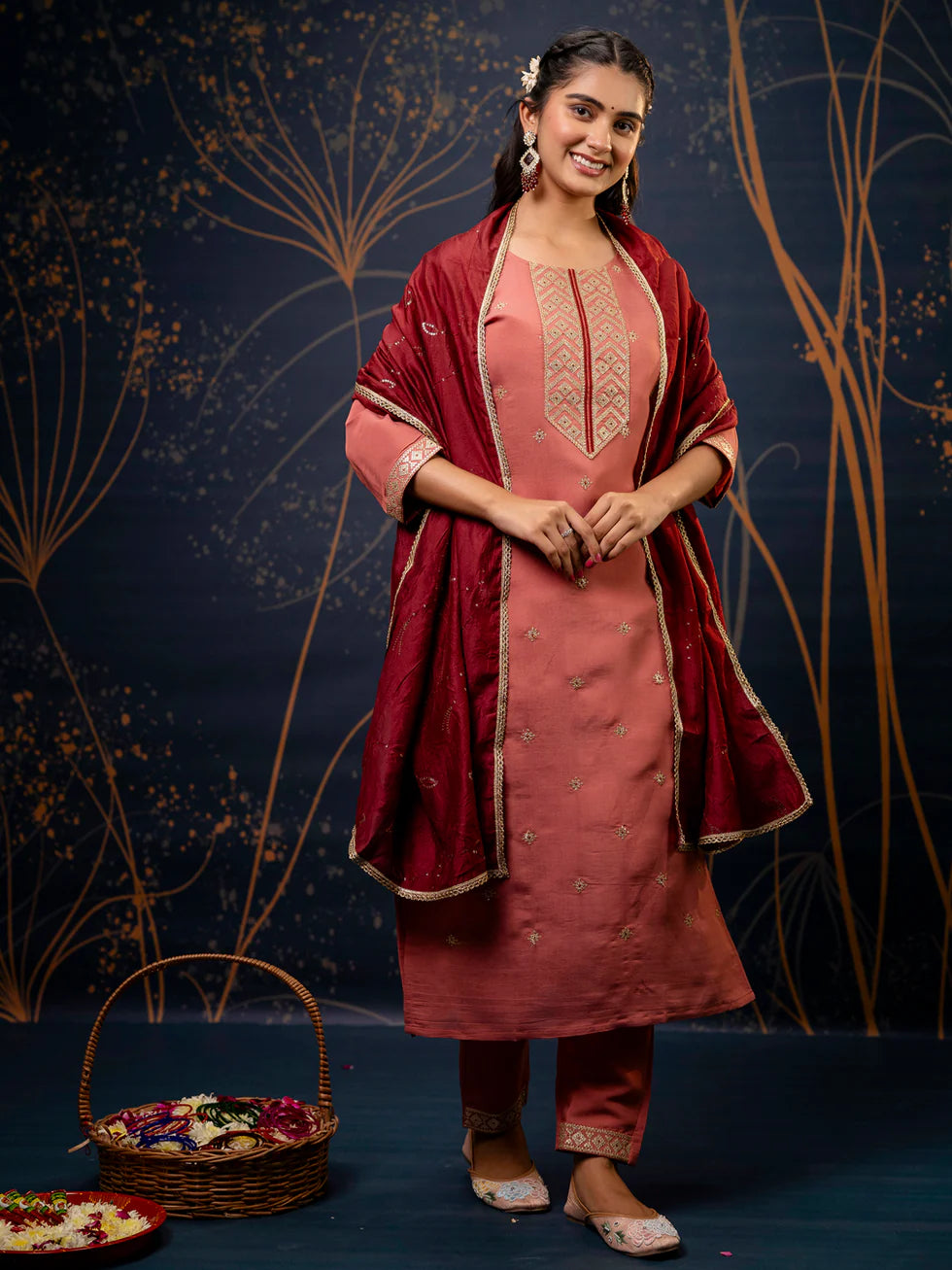 Floral Embroidered Silk Round Neck Kurta Trouser & Dupatta Set