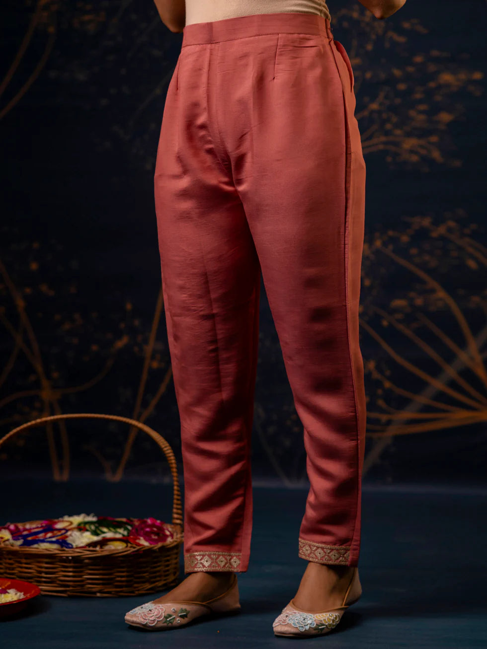 Floral Embroidered Silk Round Neck Kurta Trouser & Dupatta Set