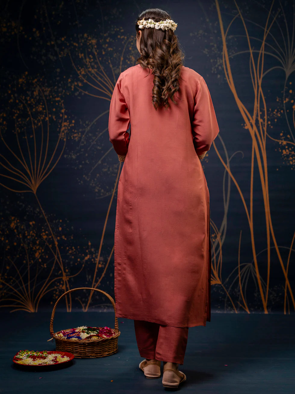 Floral Embroidered Silk Round Neck Kurta Trouser & Dupatta Set