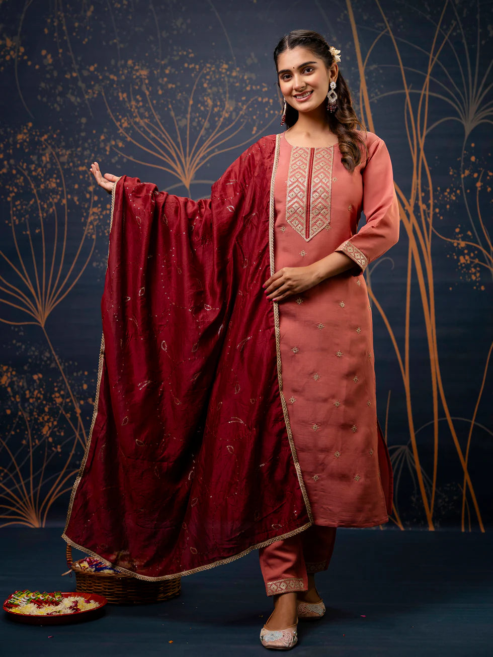 Floral Embroidered Silk Round Neck Kurta Trouser & Dupatta Set