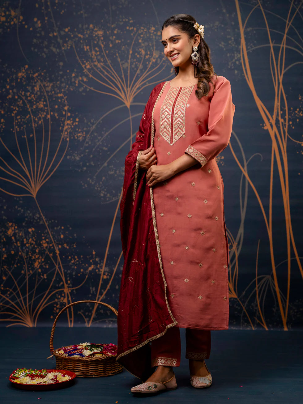 Floral Embroidered Silk Round Neck Kurta Trouser & Dupatta Set