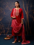 Floral Embroidered Silk Round Neck Kurta Trouser & Dupatta Set