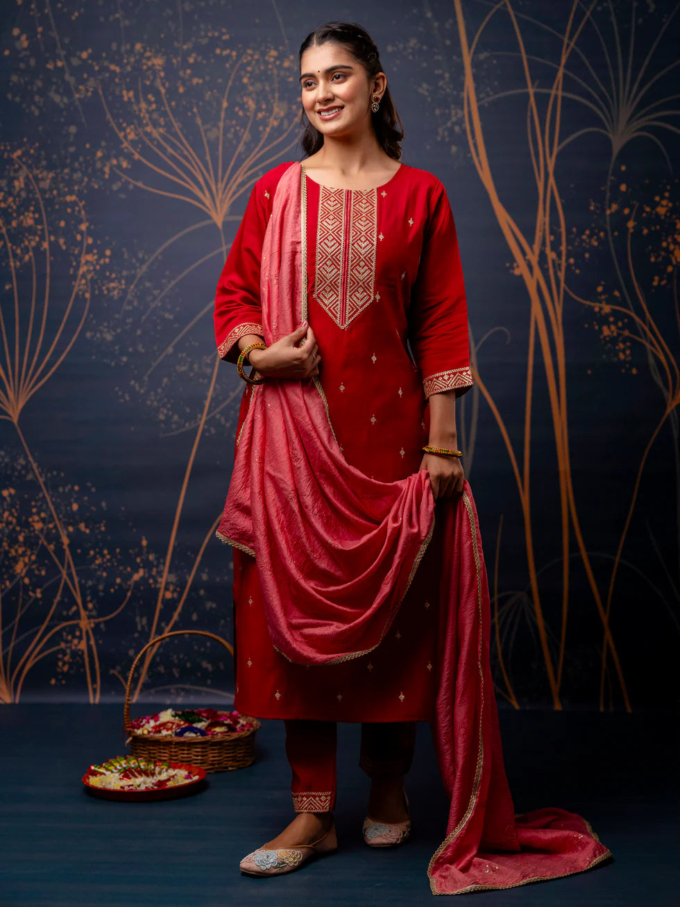Floral Embroidered Silk Round Neck Kurta Trouser & Dupatta Set