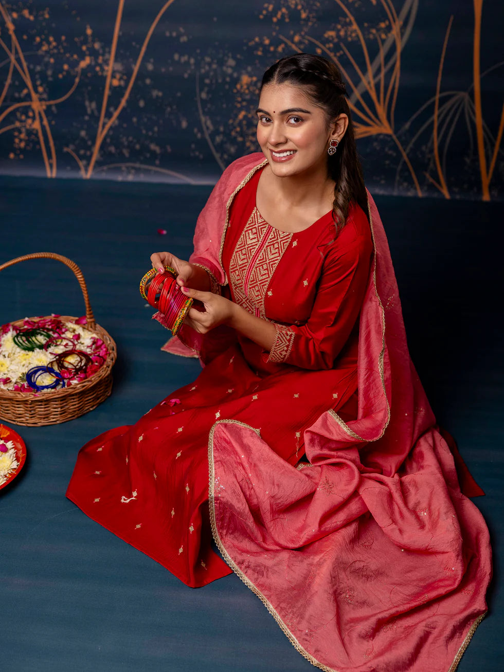 Floral Embroidered Silk Round Neck Kurta Trouser & Dupatta Set