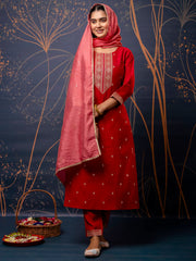 Zehra Crimson Red Embroidered Kurta Set with Crushed Tissue Dupatta