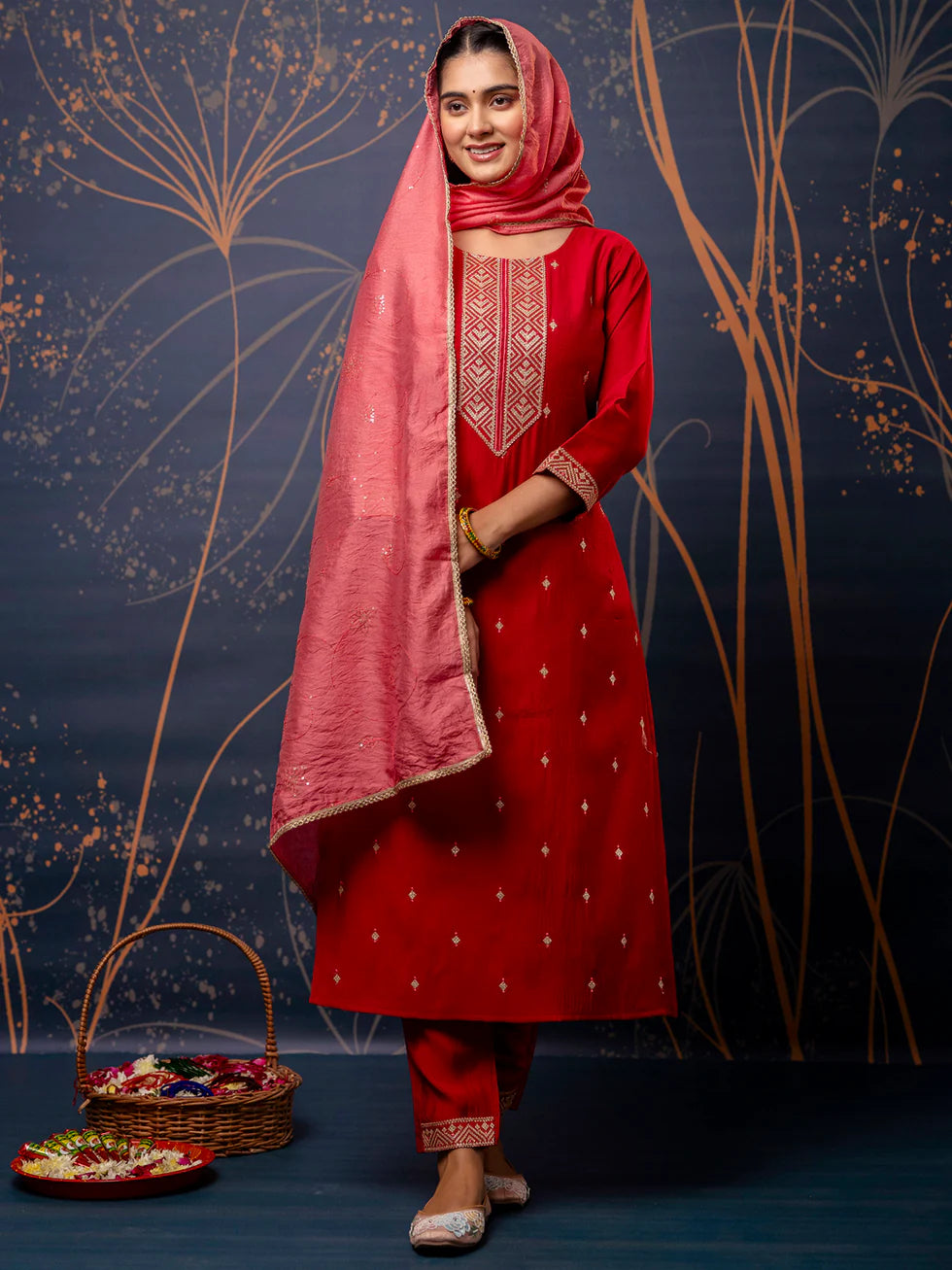 Floral Embroidered Silk Round Neck Kurta Trouser & Dupatta Set