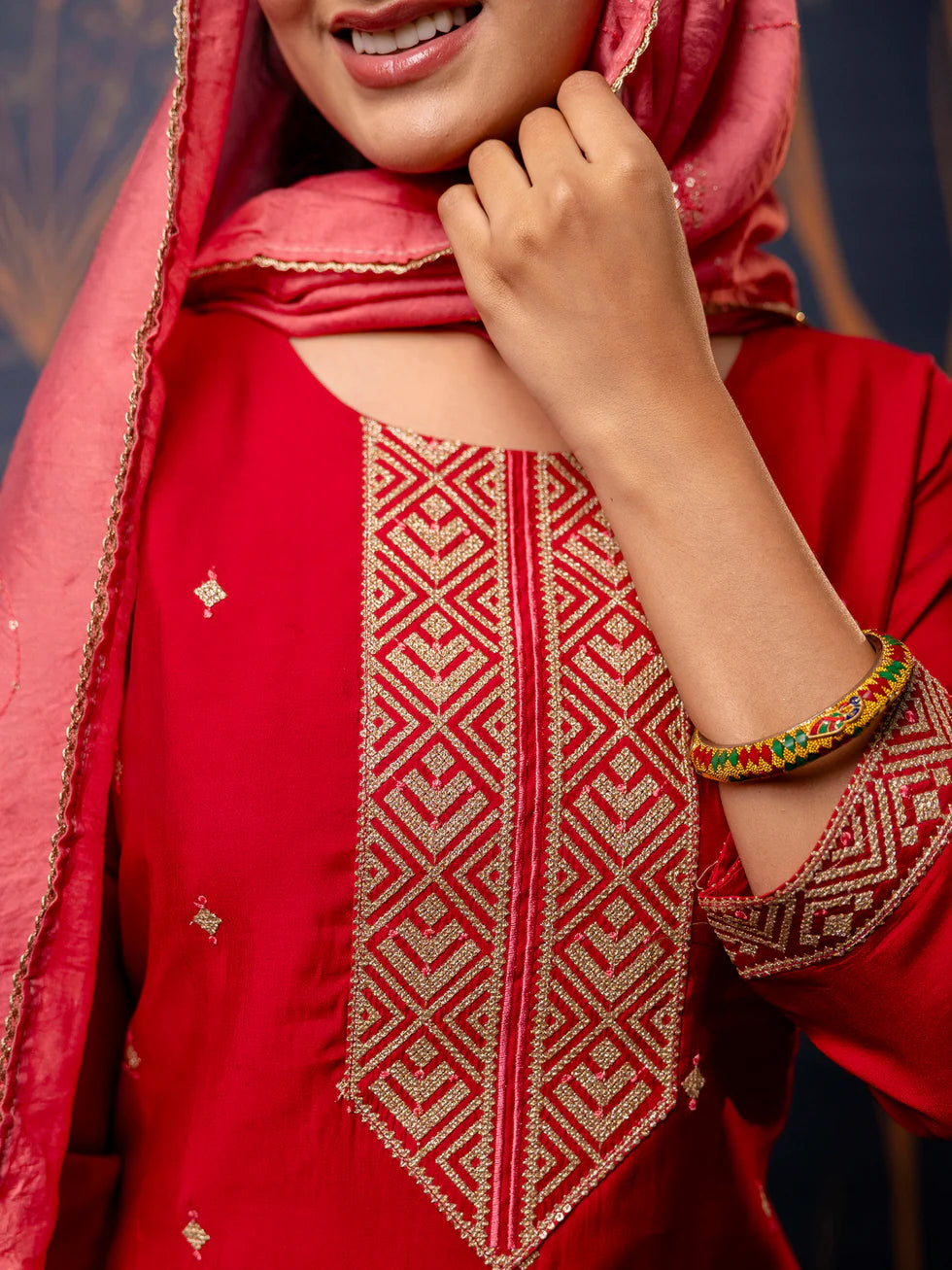 Floral Embroidered Silk Round Neck Kurta Trouser & Dupatta Set