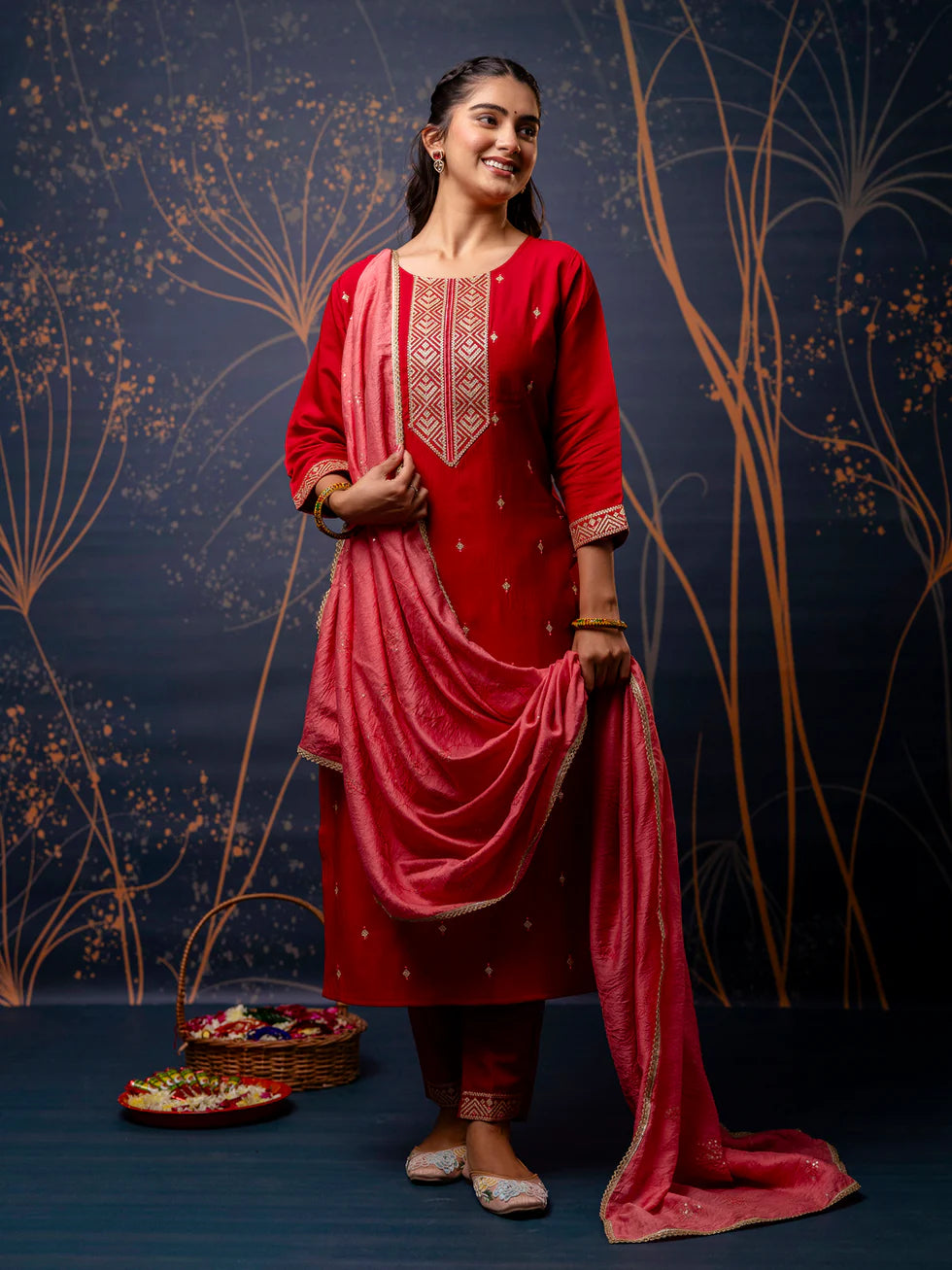 Floral Embroidered Silk Round Neck Kurta Trouser & Dupatta Set