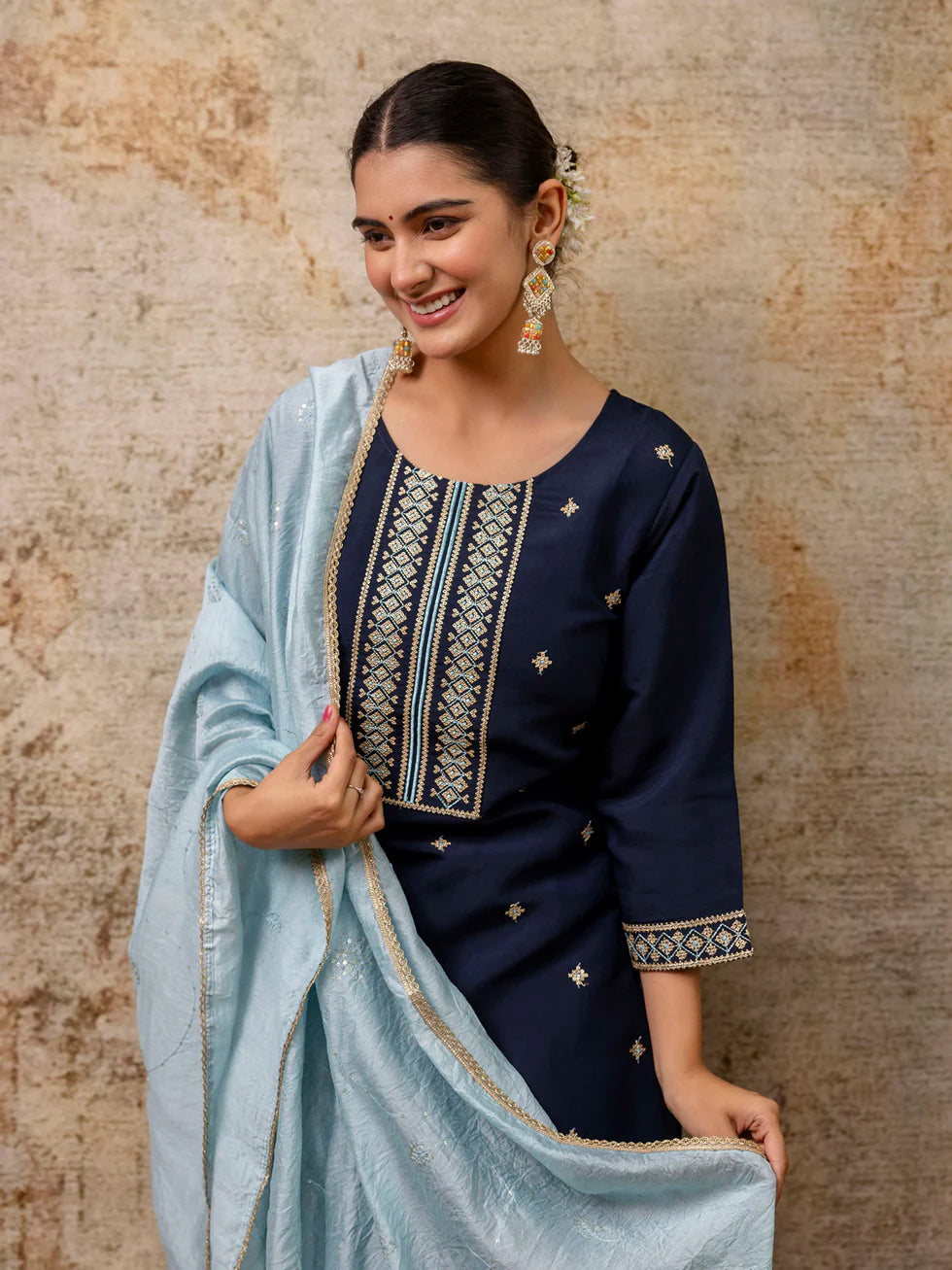 Floral Embroidered Silk Round Neck Kurta Trouser & Dupatta Set