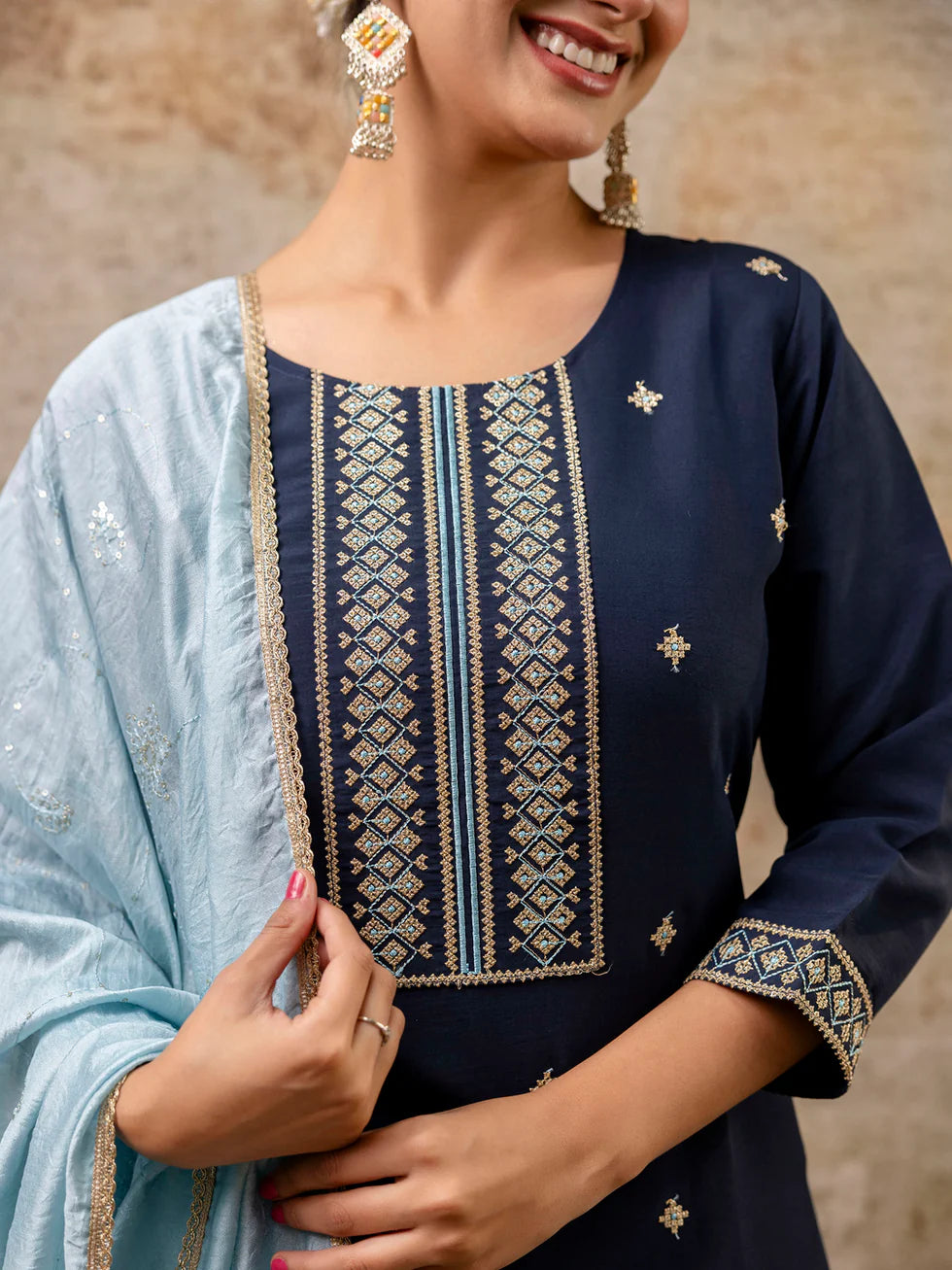 Floral Embroidered Silk Round Neck Kurta Trouser & Dupatta Set