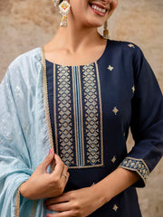 Noor Navy Blue Embroidered Kurta Set with Crushed Tissue Dupatta