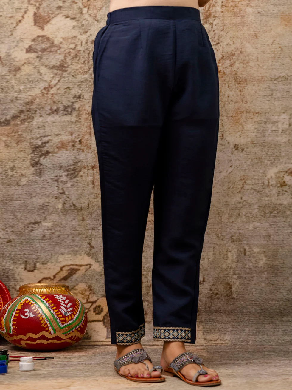Floral Embroidered Silk Round Neck Kurta Trouser & Dupatta Set