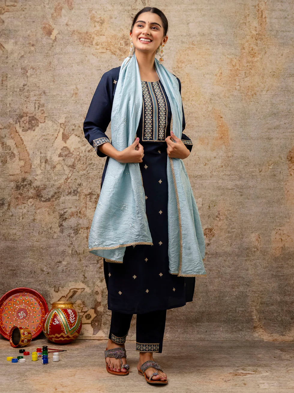 Floral Embroidered Silk Round Neck Kurta Trouser & Dupatta Set