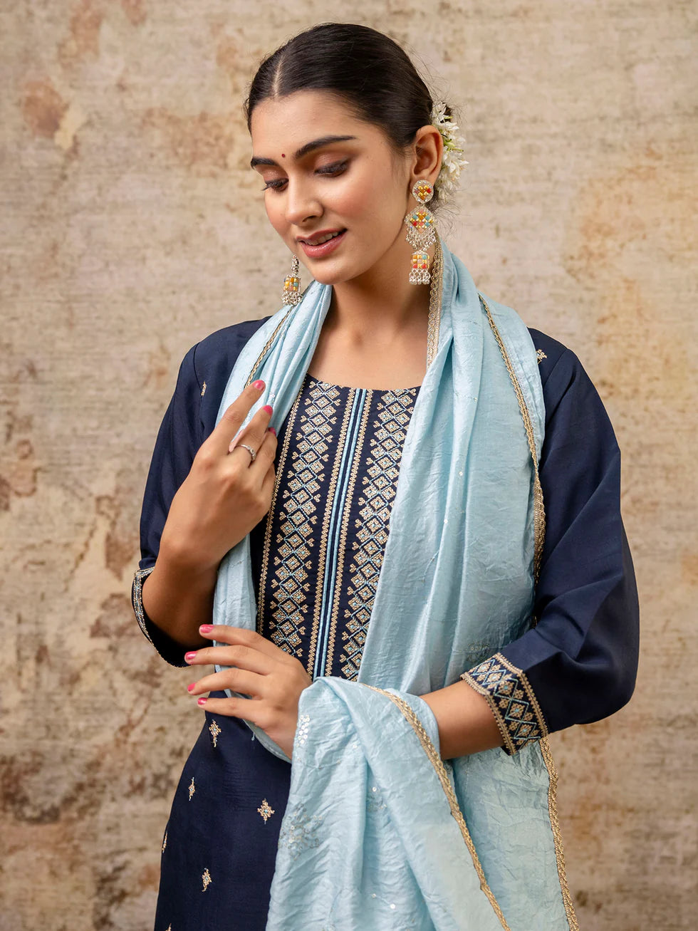 Floral Embroidered Silk Round Neck Kurta Trouser & Dupatta Set