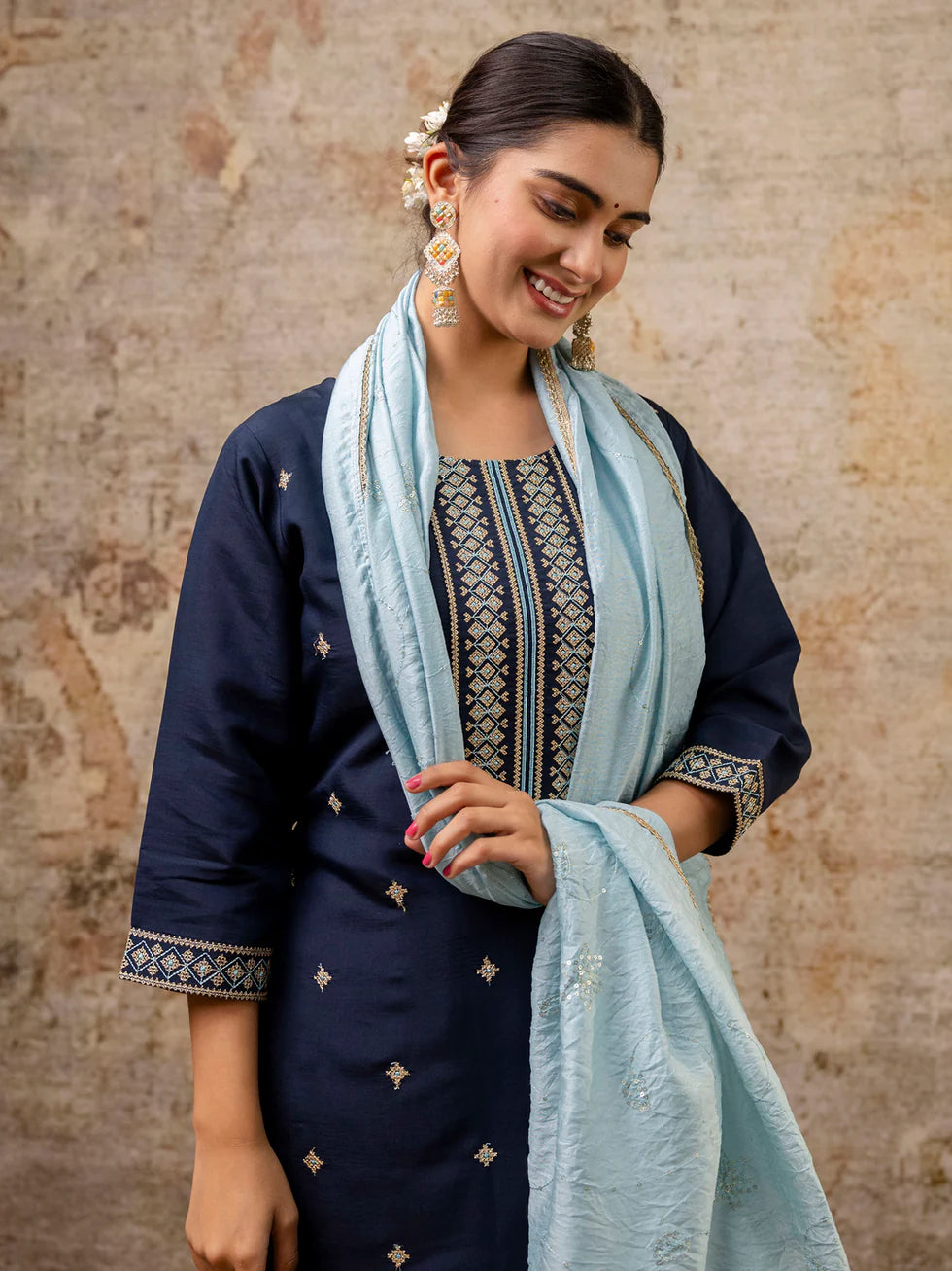 Floral Embroidered Silk Round Neck Kurta Trouser & Dupatta Set