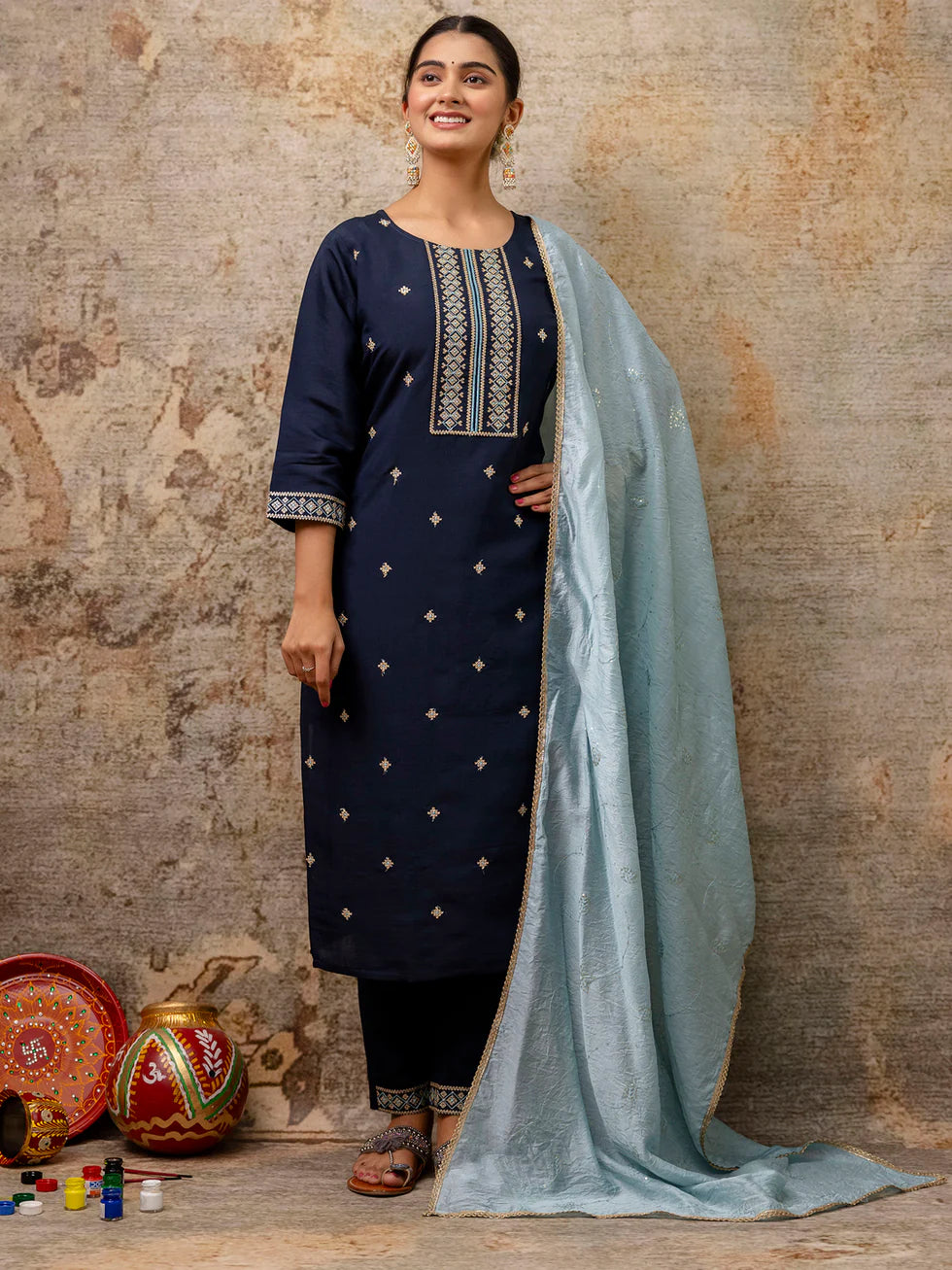 Floral Embroidered Silk Round Neck Kurta Trouser & Dupatta Set