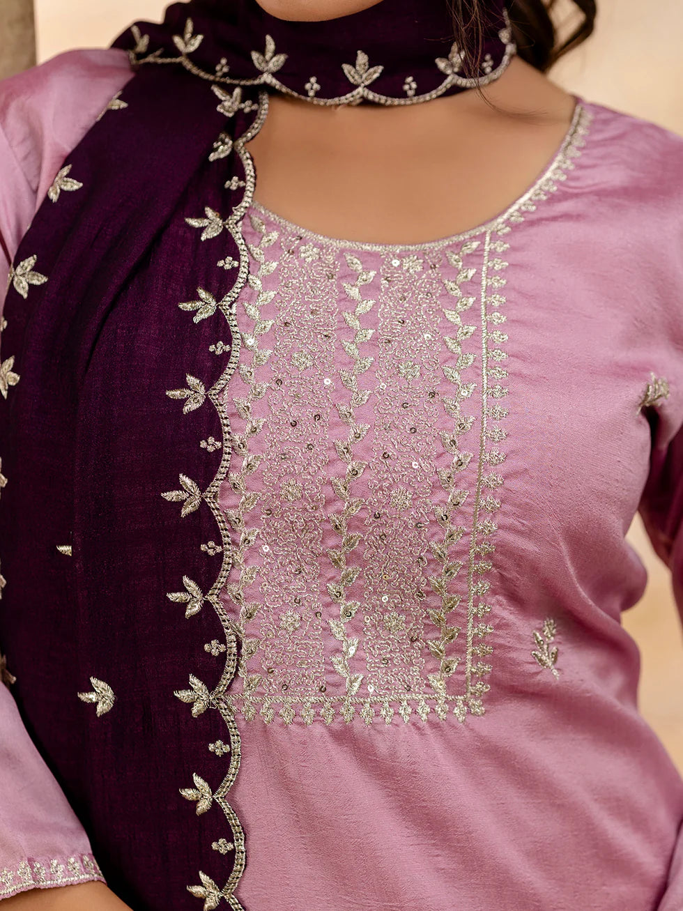 Floral Embroidered Silk Blend Round Neck Kurta Trouser & Dupatta Set