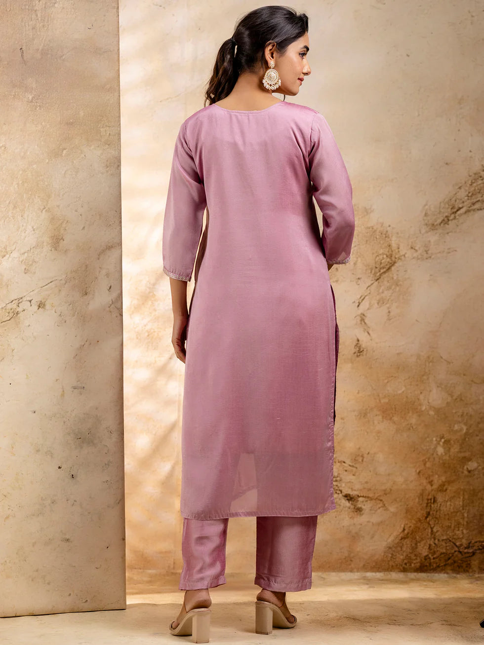 Floral Embroidered Silk Blend Round Neck Kurta Trouser & Dupatta Set