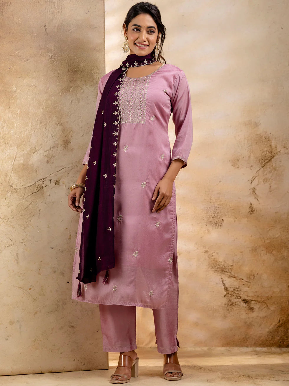 Floral Embroidered Silk Blend Round Neck Kurta Trouser & Dupatta Set