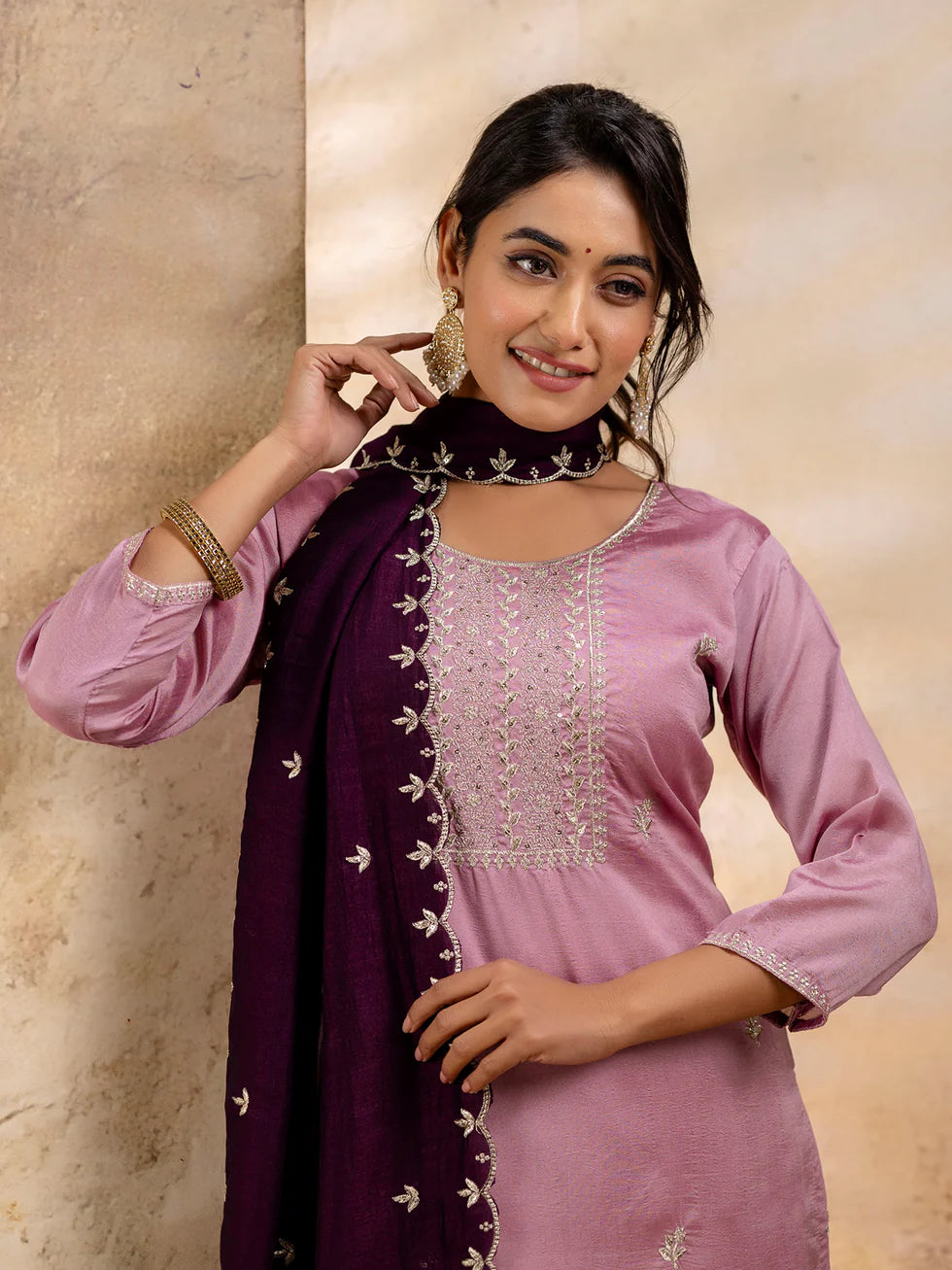 Floral Embroidered Silk Blend Round Neck Kurta Trouser & Dupatta Set