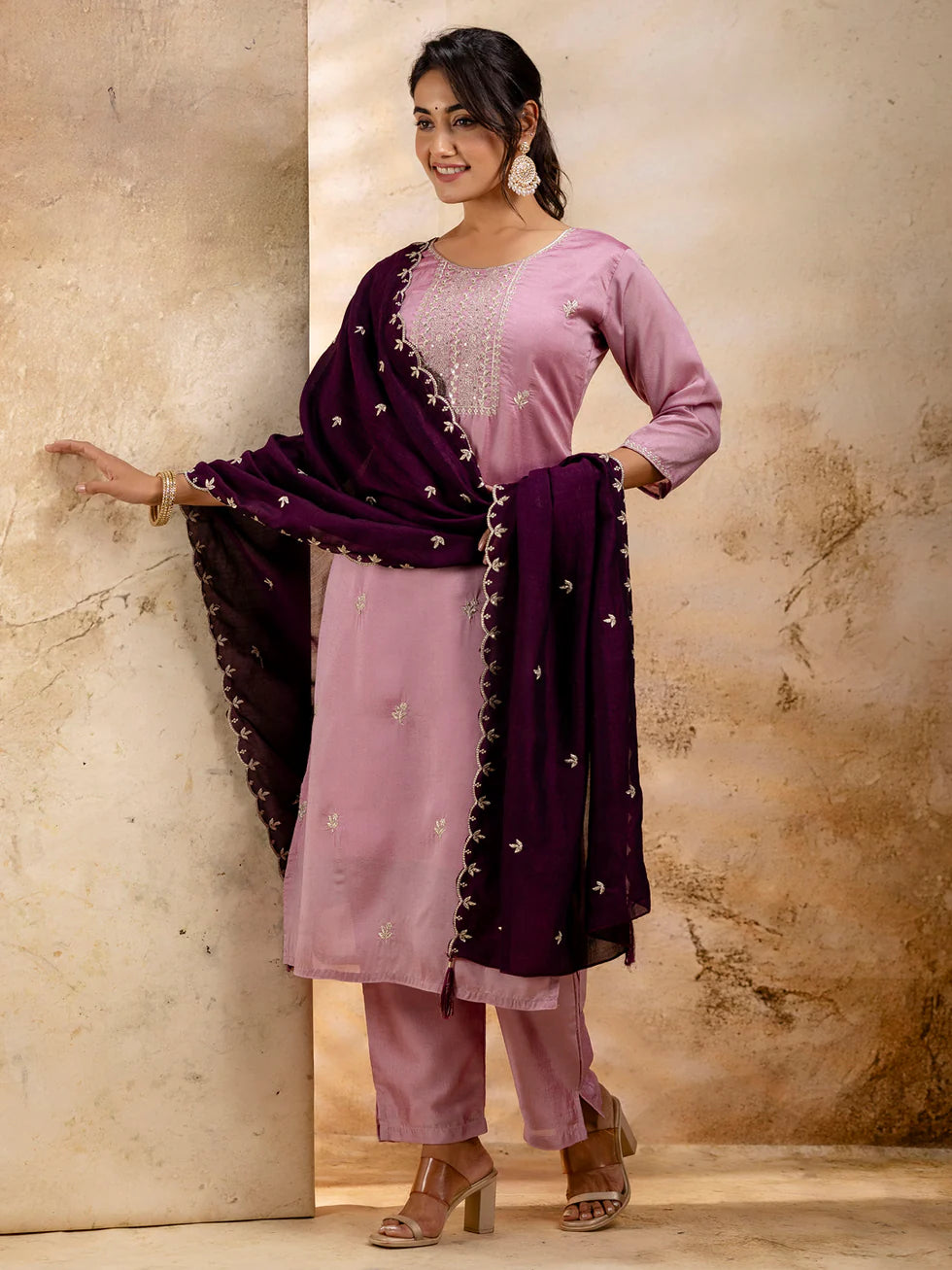 Floral Embroidered Silk Blend Round Neck Kurta Trouser & Dupatta Set