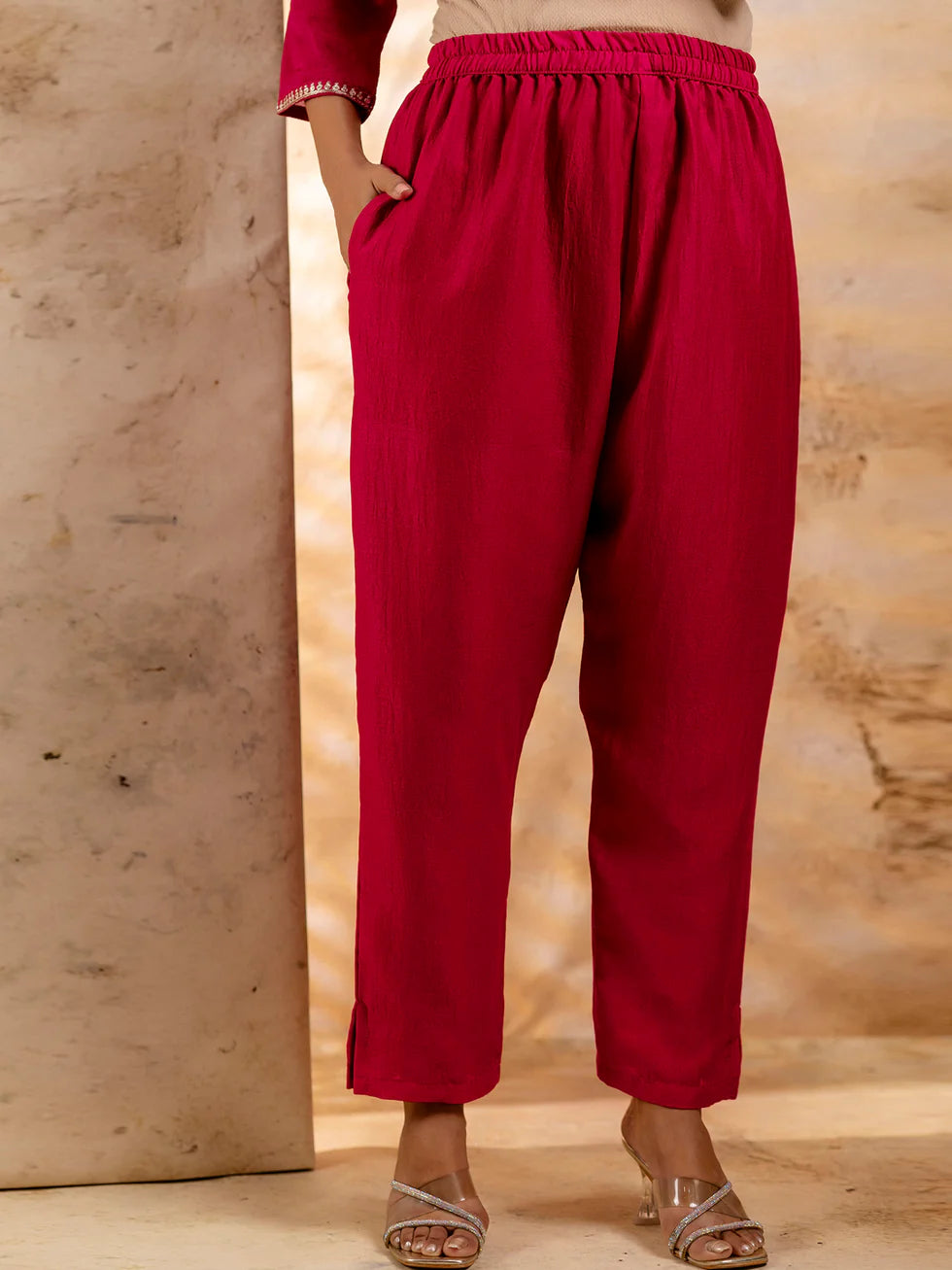 Floral Embroidered Silk Blend Round Neck Kurta Trouser & Dupatta Set