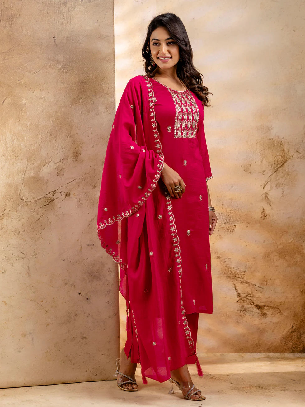 Floral Embroidered Silk Blend Round Neck Kurta Trouser & Dupatta Set