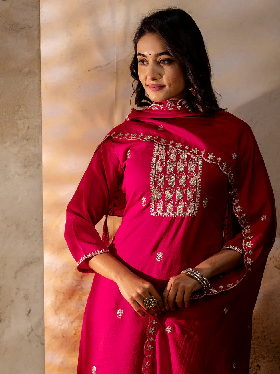 Floral Embroidered Silk Blend Round Neck Kurta Trouser & Dupatta Set